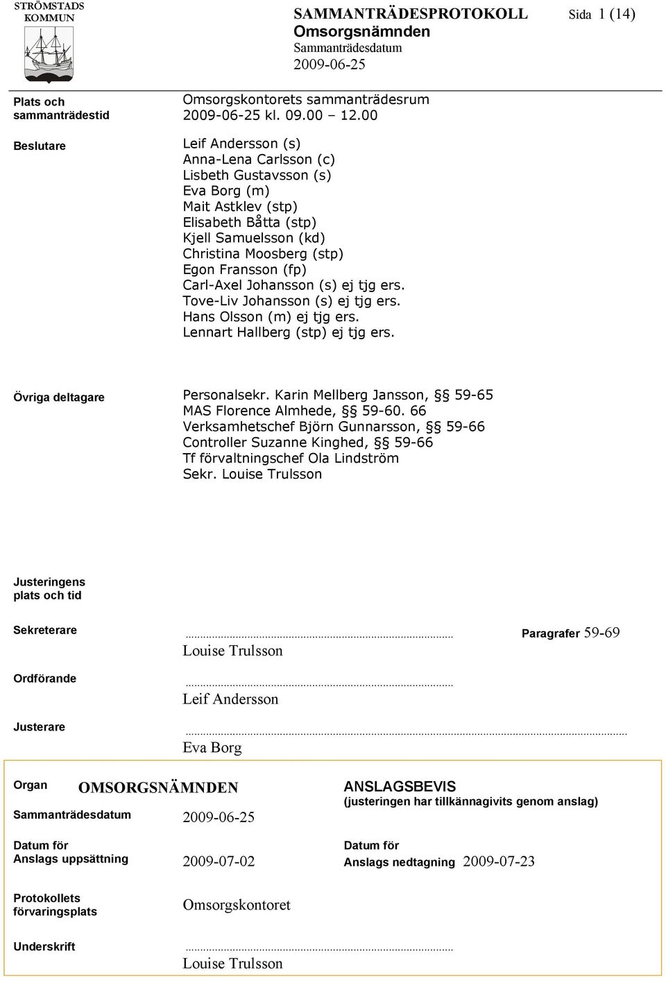 Johansson (s) ej tjg ers. Tove-Liv Johansson (s) ej tjg ers. Hans Olsson (m) ej tjg ers. Lennart Hallberg (stp) ej tjg ers. Övriga deltagare Personalsekr.