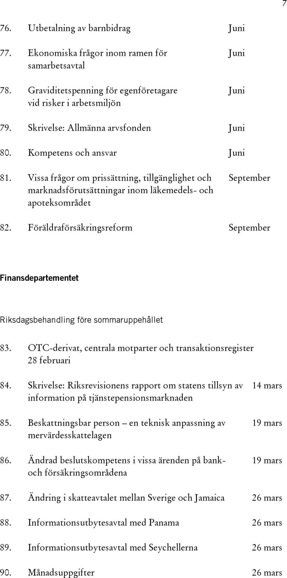 Föräldraförsäkringsreform September Finansdepartementet 83. OTC-derivat, centrala motparter och transaktionsregister 28 februari 84.