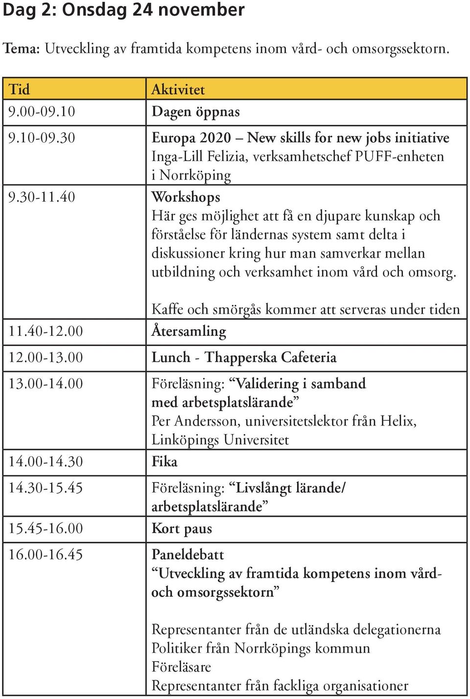 40 Workshops Här ges möjlighet att få en djupare kunskap och förståelse för ländernas system samt delta i diskussioner kring hur man samverkar mellan utbildning och verksamhet inom vård och omsorg.