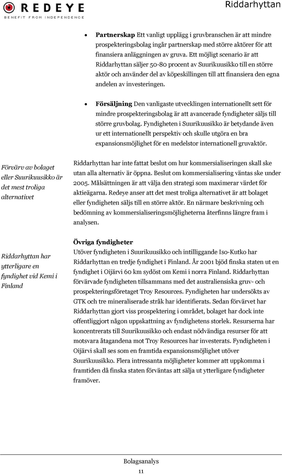 Försäljning Den vanligaste utvecklingen internationellt sett för mindre prospekteringsbolag är att avancerade fyndigheter säljs till större gruvbolag.