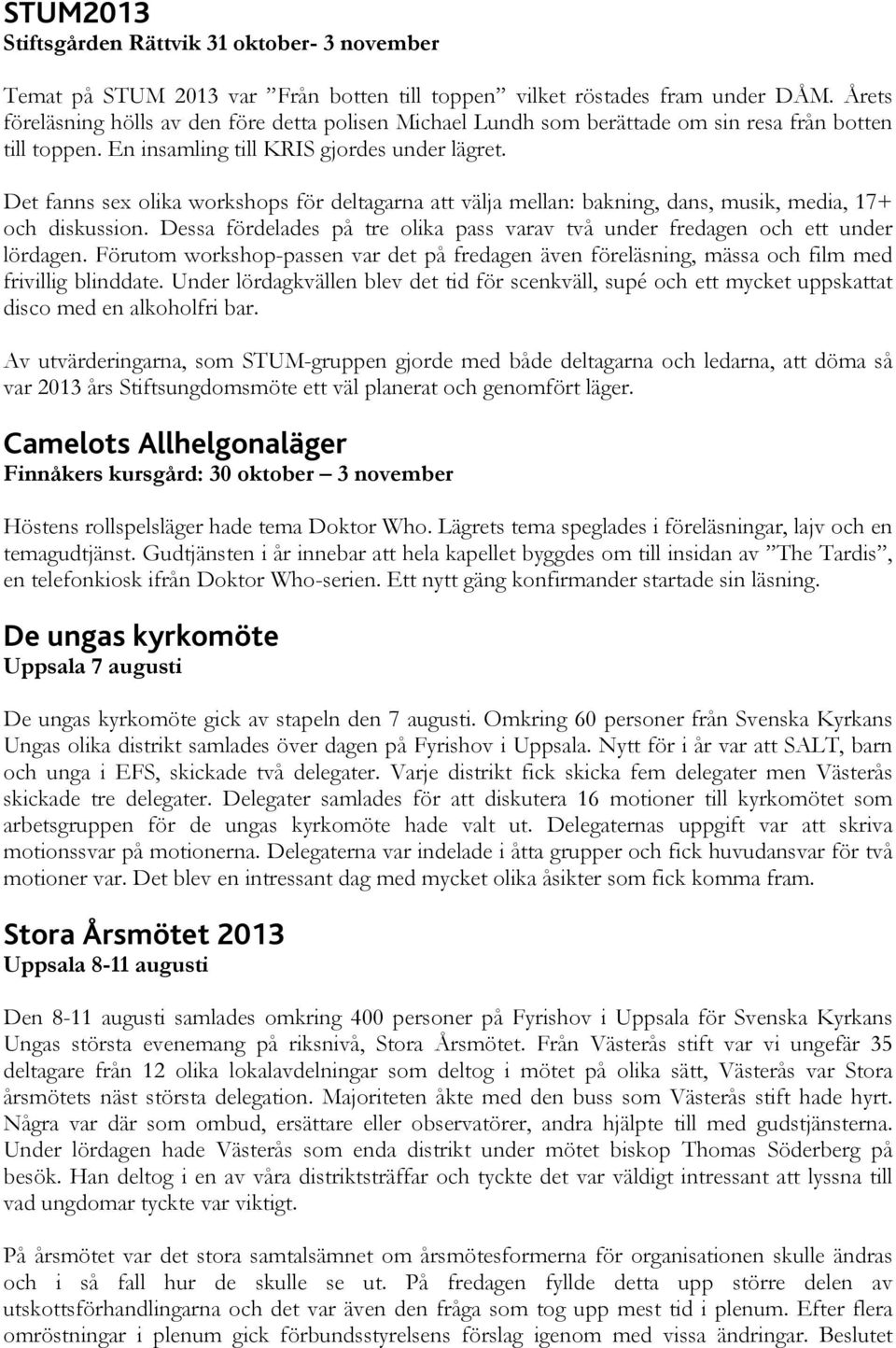 Det fanns sex olika workshops för deltagarna att välja mellan: bakning, dans, musik, media, 17+ och diskussion. Dessa fördelades på tre olika pass varav två under fredagen och ett under lördagen.