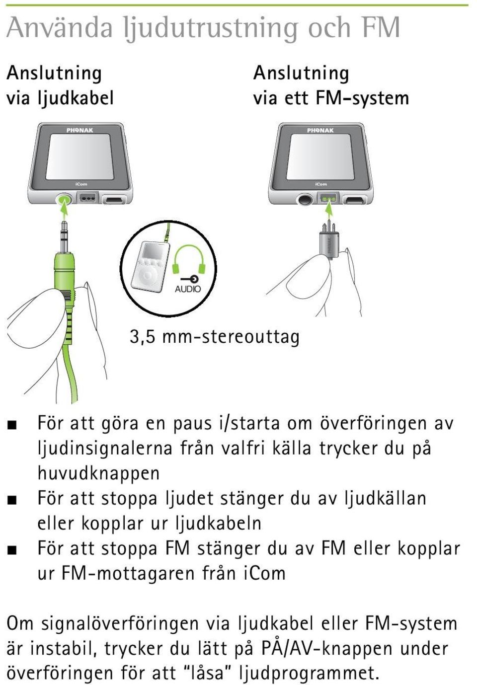 av ljudkällan eller kopplar ur ljudkabeln För att stoppa FM stänger du av FM eller kopplar ur FM-mottagaren från icom Om