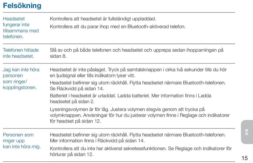 Slå av och på både telefonen och headsetet och upprepa sedan ihopparningen på sidan 8. Headsetet är inte påslaget.