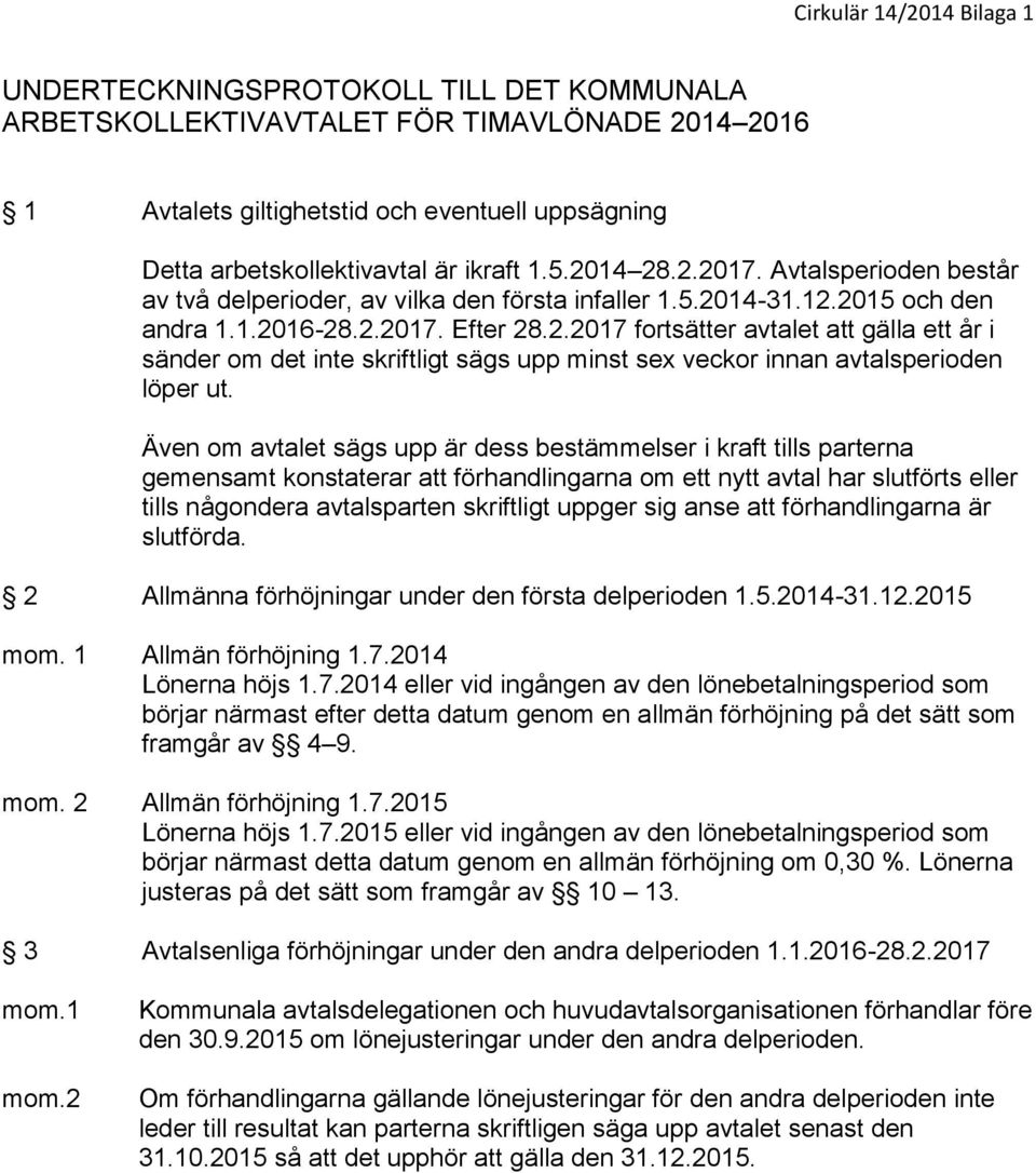 14-31.12.2015 och den andra 1.1.2016-28.2.2017. Efter 28.2.2017 fortsätter avtalet att gälla ett år i sänder om det inte skriftligt sägs upp minst sex veckor innan avtalsperioden löper ut.