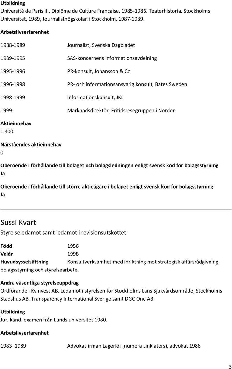 Informationskonsult, JKL 1999- Marknadsdirektör, Fritidsresegruppen i Norden 1 4 Sussi Kvart Styrelseledamot samt ledamot i revisionsutskottet Född 1956 Valår 1998 Huvudsysselsättning