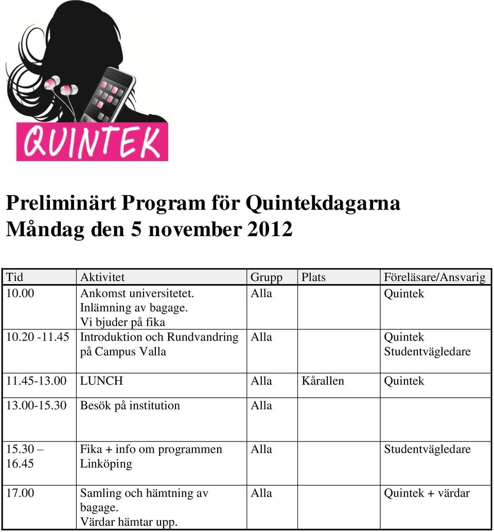 45 Introduktion och Rundvandring på Campus Valla Quintek Studentvägledare 11.45-13.00 LUNCH Kårallen Quintek 13.00-15.