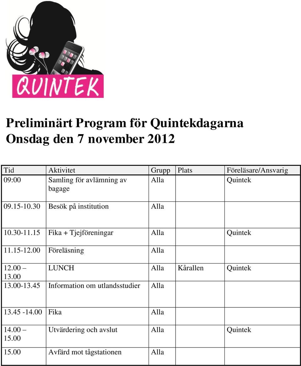 30-11.15 Fika + Tjejföreningar Quintek 11.15-12.00 Föreläsning 12.00 LUNCH Kårallen Quintek 13.00 13.