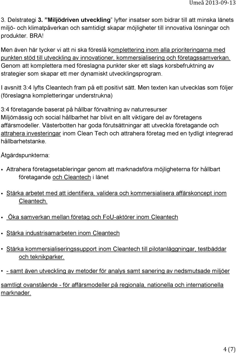 Genom att komplettera med föreslagna punkter sker ett slags korsbefruktning av strategier som skapar ett mer dynamiskt utvecklingsprogram. I avsnitt 3:4 lyfts Cleantech fram på ett positivt sätt.