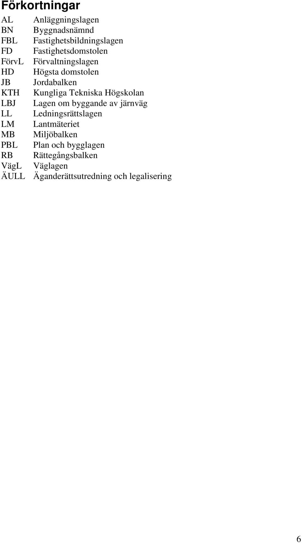 Tekniska Högskolan LBJ Lagen om byggande av järnväg LL Ledningsrättslagen LM Lantmäteriet MB