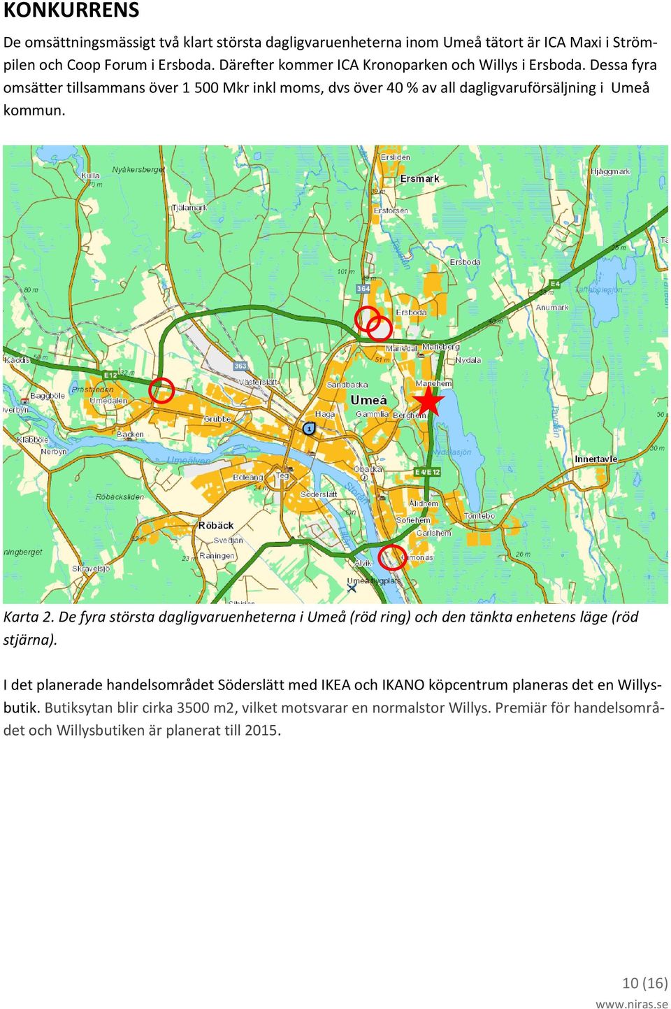 Dessa fyra omsätter tillsammans över 1 500 Mkr inkl moms, dvs över 40 % av all dagligvaruförsäljning i Umeå kommun. Karta 2.