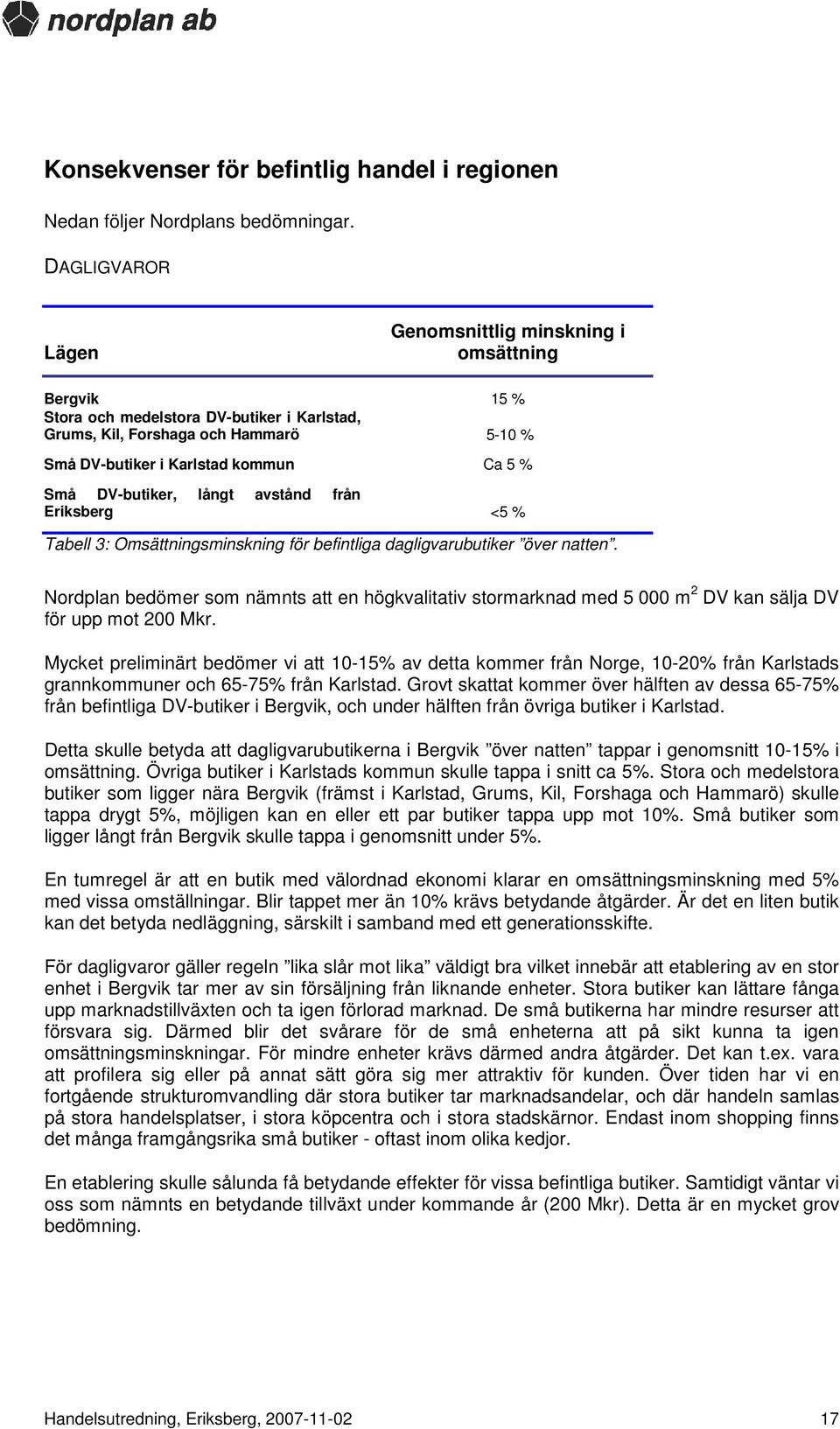 DV-butiker, långt avstånd från Eriksberg <5 % Tabell 3: Omsättningsminskning för befintliga dagligvarubutiker över natten.