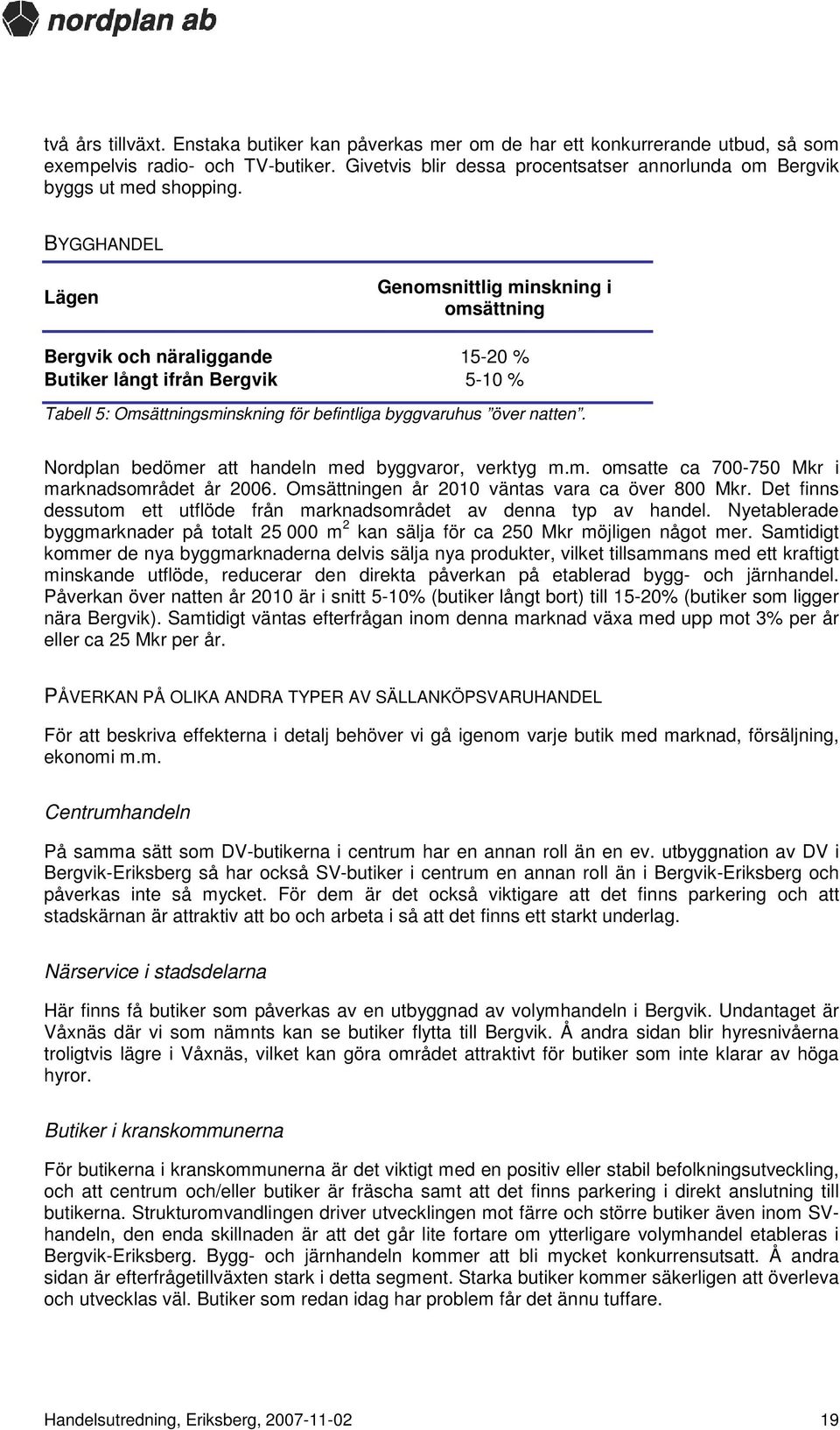 BYGGHANDEL Lägen Genomsnittlig minskning i omsättning Bergvik och näraliggande 15-20 % Butiker långt ifrån Bergvik 5-10 % Tabell 5: Omsättningsminskning för befintliga byggvaruhus över natten.