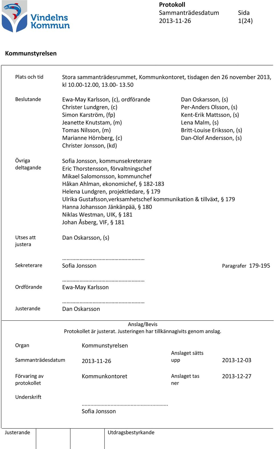 Per-Anders Olsson, (s) Kent-Erik Mattsson, (s) Lena Malm, (s) Britt-Louise Eriksson, (s) Dan-Olof Andersson, (s) Övriga deltagande Utses att justera Sofia Jonsson, kommunsekreterare Eric