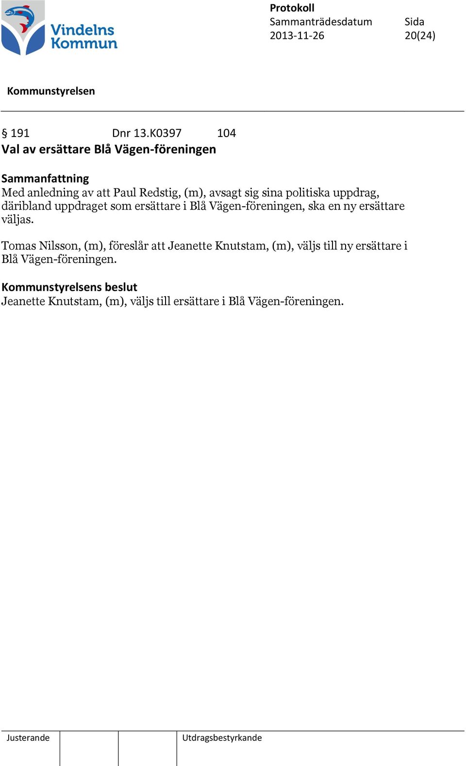 avsagt sig sina politiska uppdrag, däribland uppdraget som ersättare i Blå Vägen-föreningen, ska en ny
