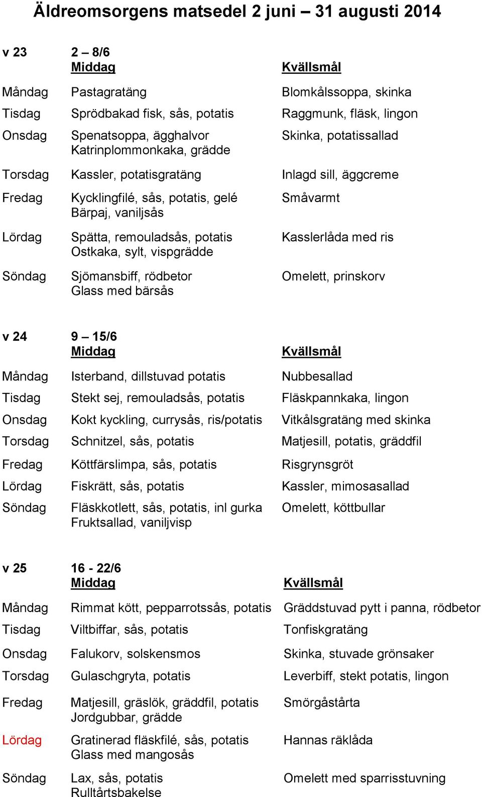 sylt, vispgrädde Sjömansbiff, rödbetor Glass med bärsås Småvarmt Kasslerlåda med ris Omelett, prinskorv v 24 9 15/6 Måndag Isterband, dillstuvad potatis Nubbesallad Tisdag Stekt sej, remouladsås,