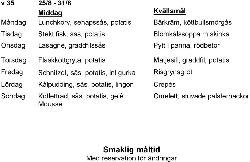 gräddfil, potatis Fredag Schnitzel, sås, potatis, inl gurka Risgrynsgröt Lördag Kålpudding, sås, potatis, lingon