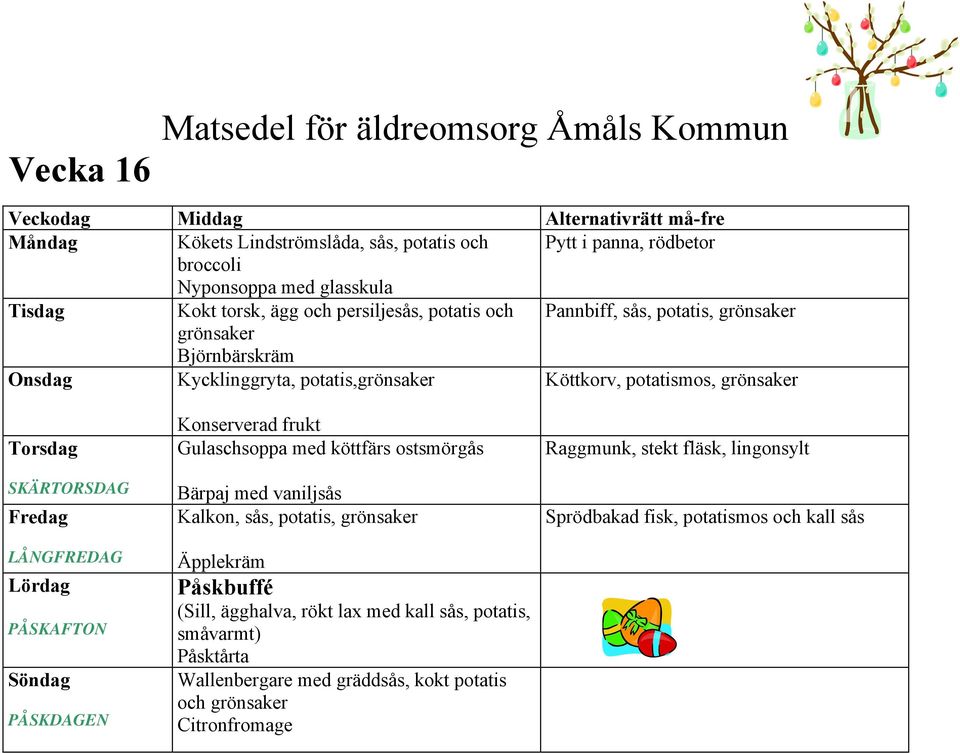 Gulaschsoppa med köttfärs ostsmörgås Bärpaj med vaniljsås Kalkon, sås, potatis, Äpplekräm Påskbuffé (Sill, ägghalva, rökt lax med kall sås, potatis,