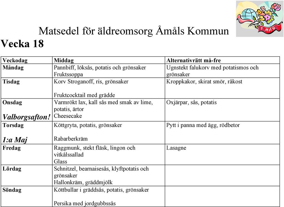 1:a Maj Fruktcocktail med grädde Varmrökt lax, kall sås med smak av lime, potatis, ärtor Cheesecake Köttgryta, potatis,