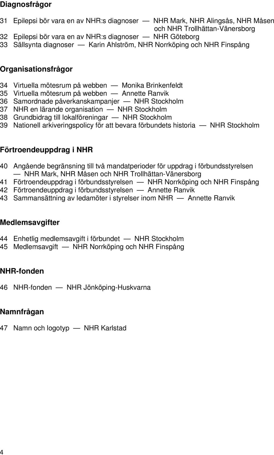 påverkanskampanjer NHR Stockholm 37 NHR en lärande organisation NHR Stockholm 38 Grundbidrag till lokalföreningar NHR Stockholm 39 Nationell arkiveringspolicy för att bevara förbundets historia NHR