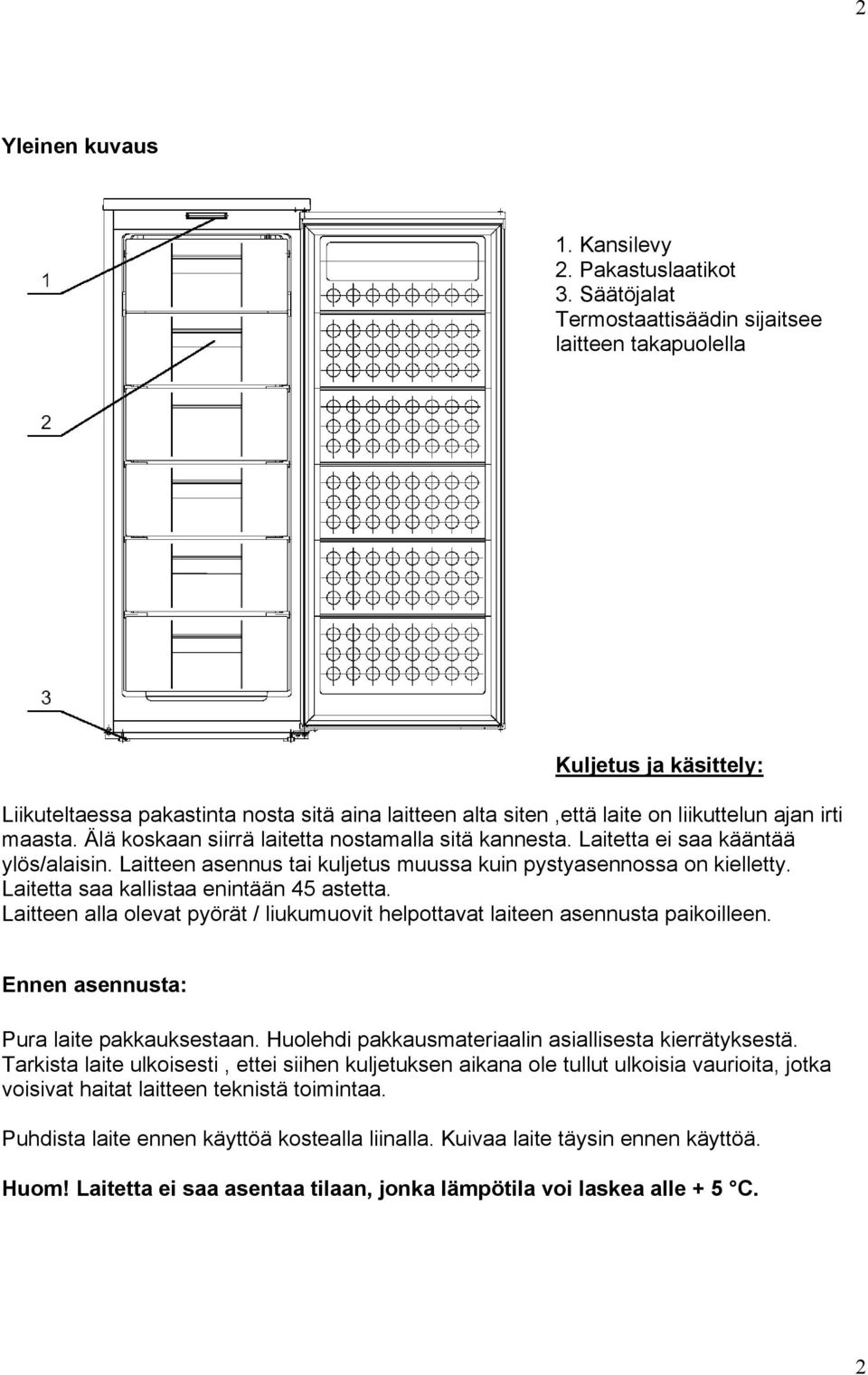 Älä koskaan siirrä laitetta nostamalla sitä kannesta. Laitetta ei saa kääntää ylös/alaisin. Laitteen asennus tai kuljetus muussa kuin pystyasennossa on kielletty.