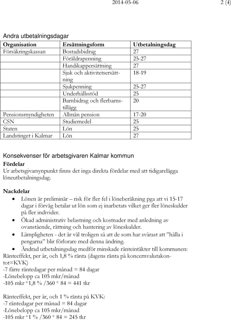 arbetsgivaren Kalmar kommun Fördelar Ur arbetsgivarsynpunkt finns det inga direkta fördelar med att tidigarelägga löneutbetalningsdag.