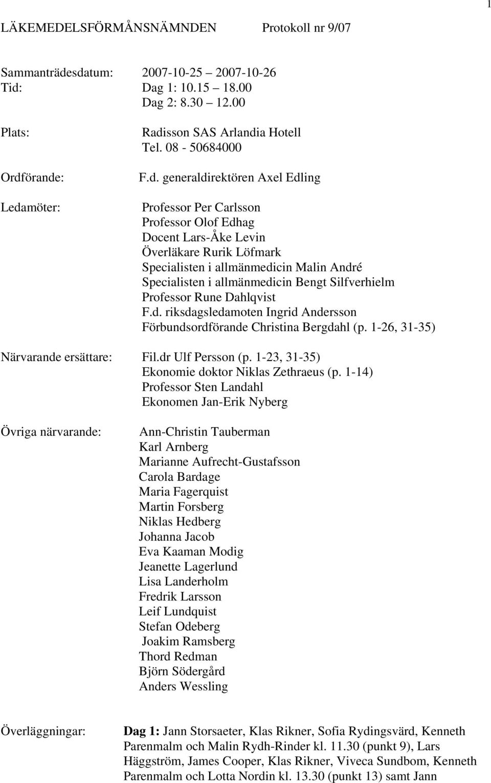 generaldirektören Axel Edling Professor Per Carlsson Professor Olof Edhag Docent Lars-Åke Levin Överläkare Rurik Löfmark Specialisten i allmänmedicin Malin André Specialisten i allmänmedicin Bengt