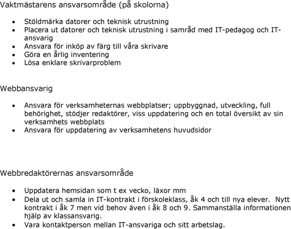 och en total översikt av sin verksamhets webbplats Ansvara för uppdatering av verksamhetens huvudsidor Webbredaktörernas ansvarsområde Uppdatera hemsidan som t ex vecko, läxor mm Dela ut och samla in