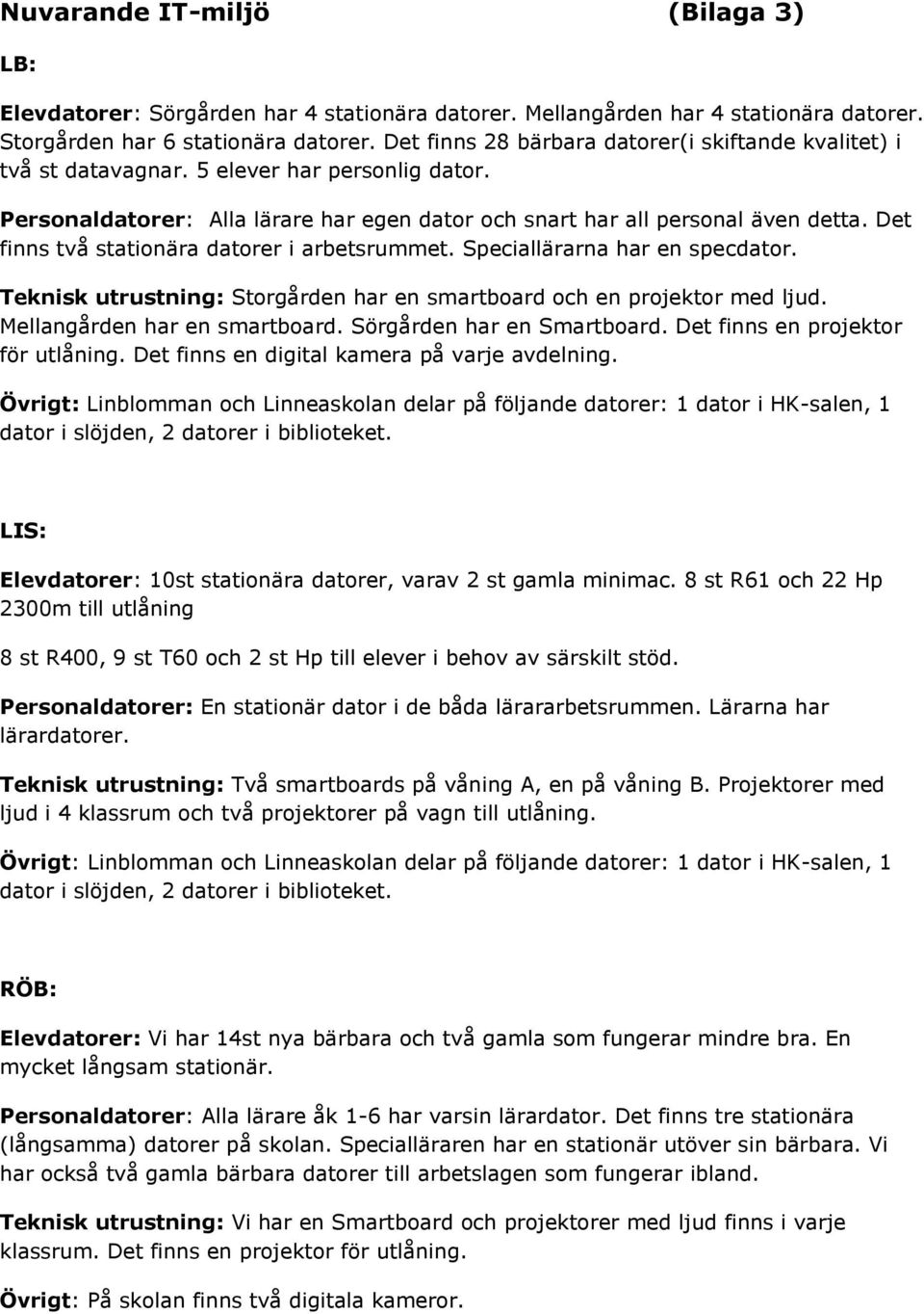 Det finns två stationära datorer i arbetsrummet. Speciallärarna har en specdator. Teknisk utrustning: Storgården har en smartboard och en projektor med ljud. Mellangården har en smartboard.