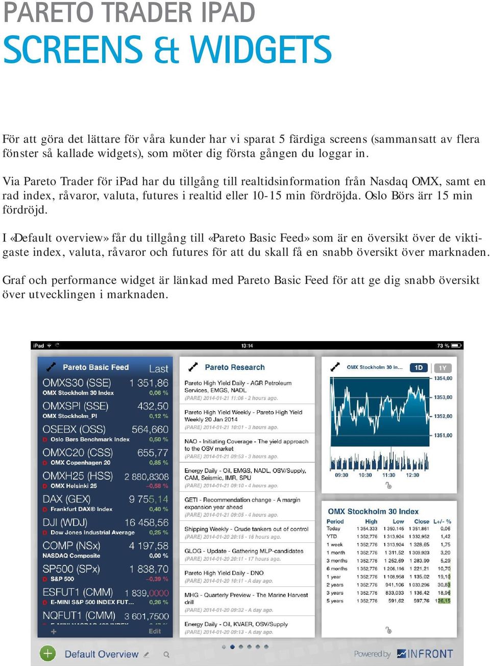 Via Pareto Trader för ipad har du tillgång till realtidsinformation från Nasdaq OMX, samt en rad index, råvaror, valuta, futures i realtid eller 10-15 min fördröjda.