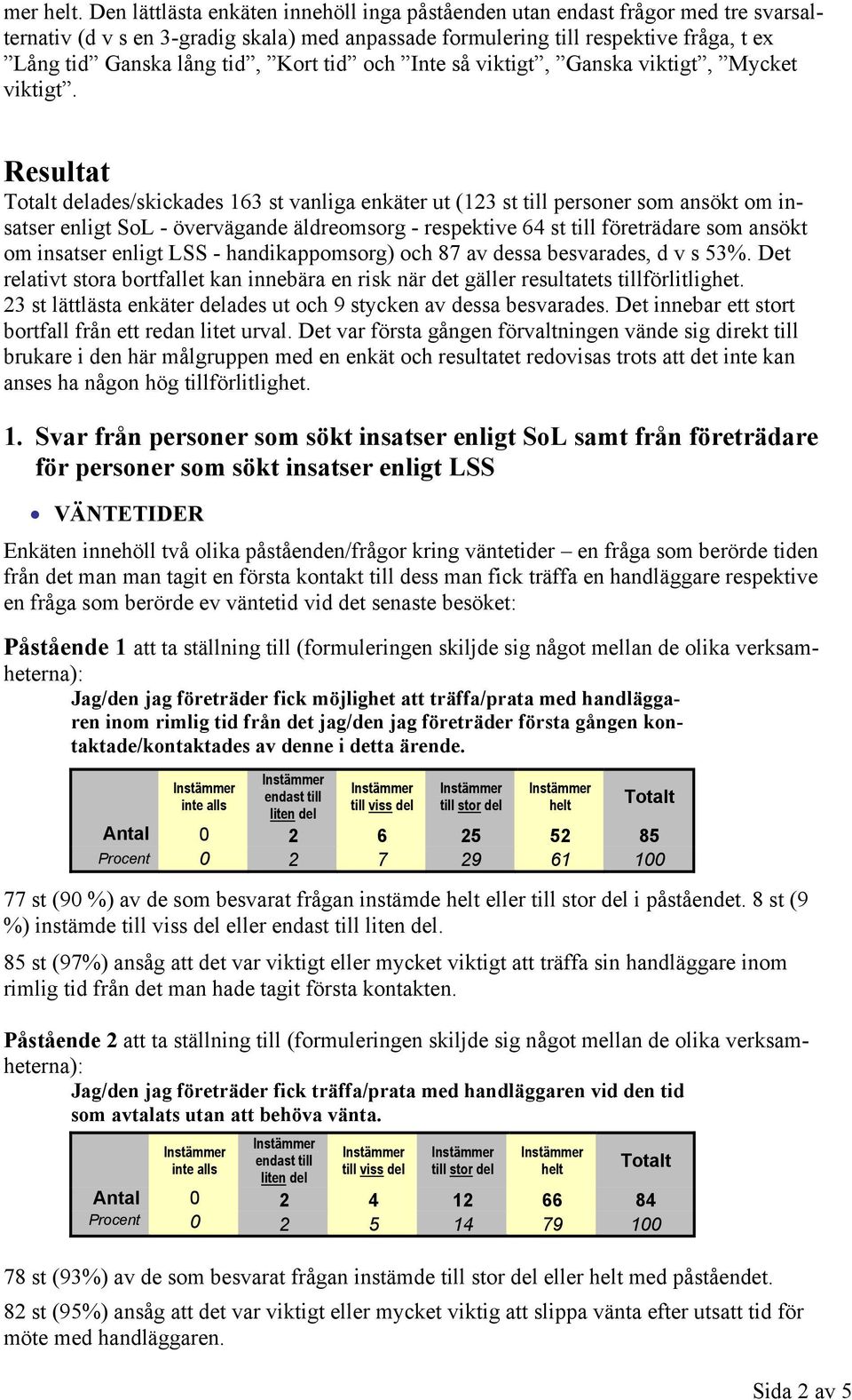 Resultat delades/skickades 163 st vanliga enkäter ut (123 st till personer som ansökt om insatser enligt SoL - övervägande äldreomsorg - respektive 64 st till företrädare som ansökt om insatser