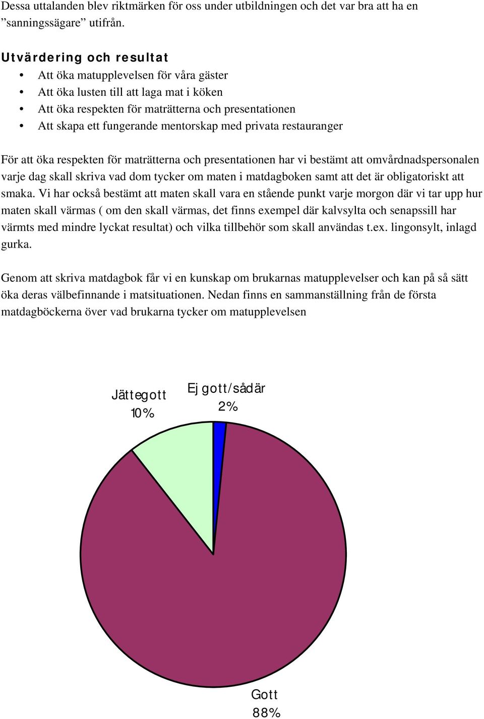 privata restauranger För att öka respekten för maträtterna och presentationen har vi bestämt att omvårdnadspersonalen varje dag skall skriva vad dom tycker om maten i matdagboken samt att det är