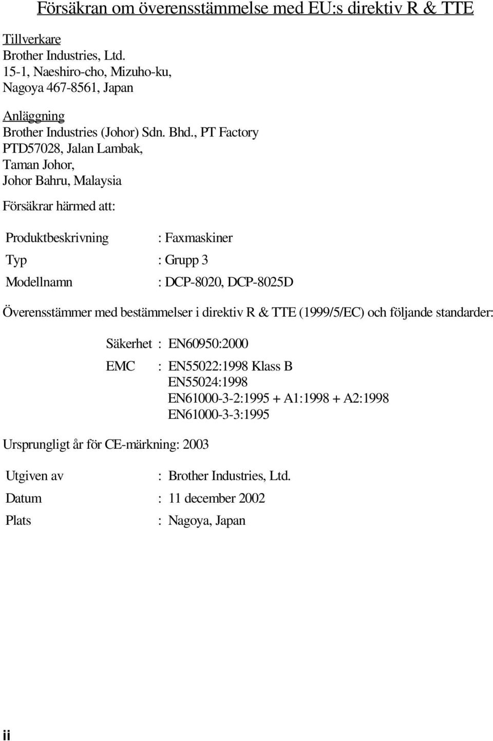 , PT Factory PTD57028, Jalan Lambak, Taman Johor, Johor Bahru, Malaysia Försäkrar härmed att: Produktbeskrivning : Faxmaskiner Typ : Grupp 3 Modellnamn : DCP-8020, DCP-8025D