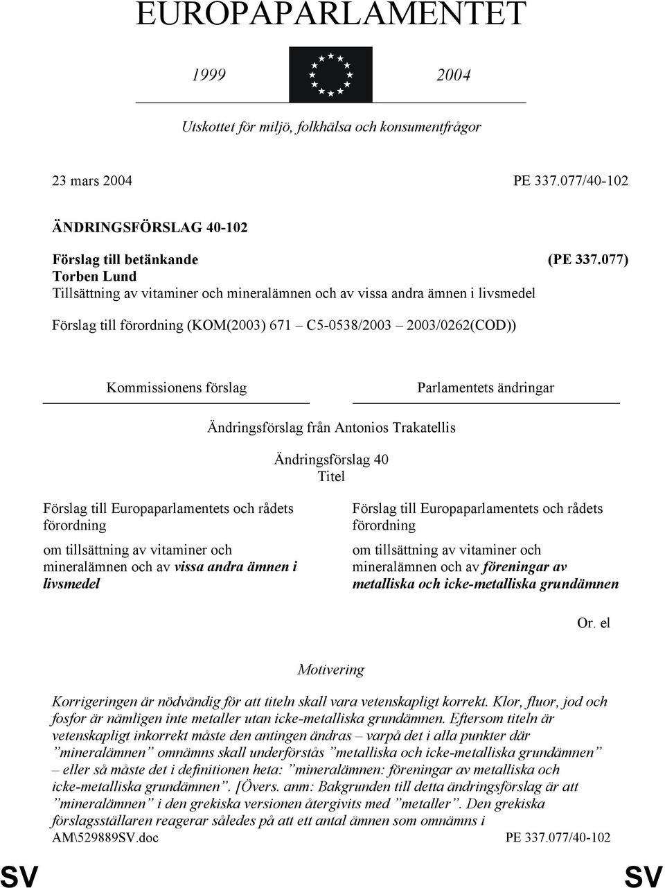 ändringar Ändringsförslag från Antonios Trakatellis Ändringsförslag 40 Titel Förslag till Europaparlamentets och rådets förordning om tillsättning av vitaminer och mineralämnen och av vissa andra