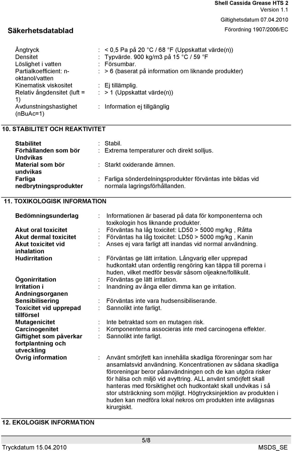 Relativ ångdensitet (luft = : > 1 (Uppskattat värde(n)) 1) Avdunstningshastighet : Information ej tillgänglig (nbuac=1) 10.