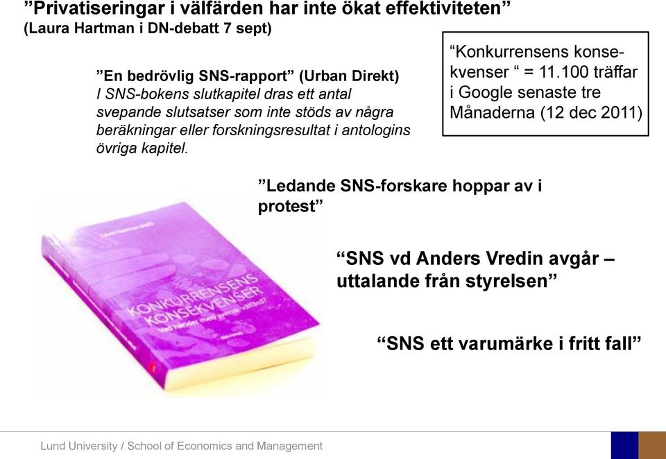 forskningsresultat i antologins övriga kapitel. Ledande SNS-forskare hoppar av i protest Konkurrensens konsekvenser = 11.