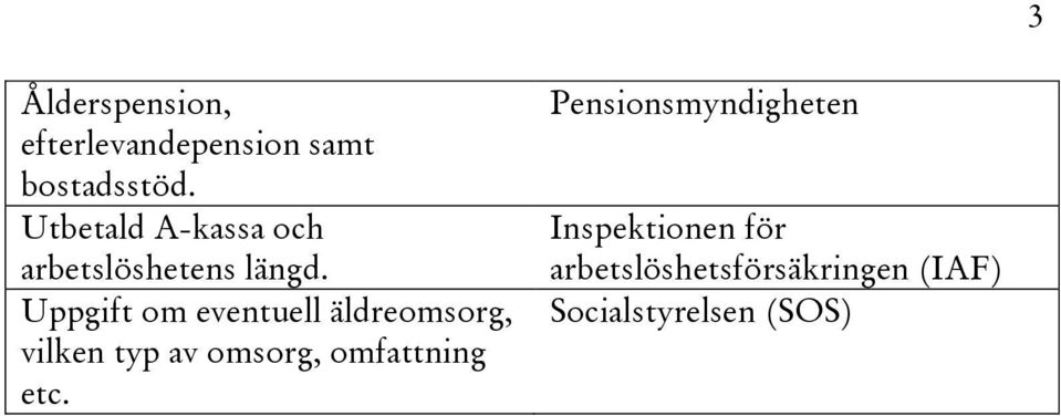 Uppgift om eventuell äldreomsorg, vilken typ av omsorg,