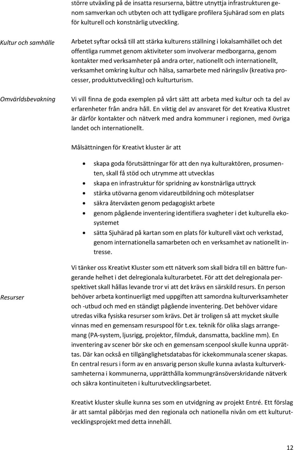 på andra orter, nationellt och internationellt, verksamhet omkring kultur och hälsa, samarbete med näringsliv (kreativa processer, produktutveckling) och kulturturism.