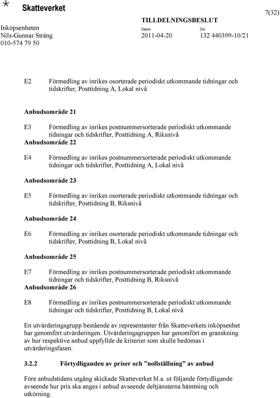 23 E5 Förmedling av inrikes osorterade periodiskt utkommande tidningar och tidskrifter, Posttidning B, Riksnivå Anbudsområde 24 E6 Förmedling av inrikes osorterade periodiskt utkommande tidningar och