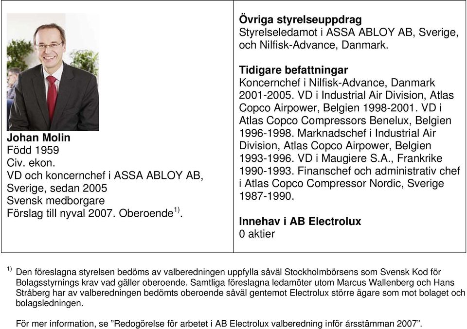 VD i Atlas Copco Compressors Benelux, Belgien 1996-1998. Marknadschef i Industrial Air Division, Atlas Copco Airpower, Belgien 1993-1996. VD i Maugiere S.A., Frankrike 1990-1993.