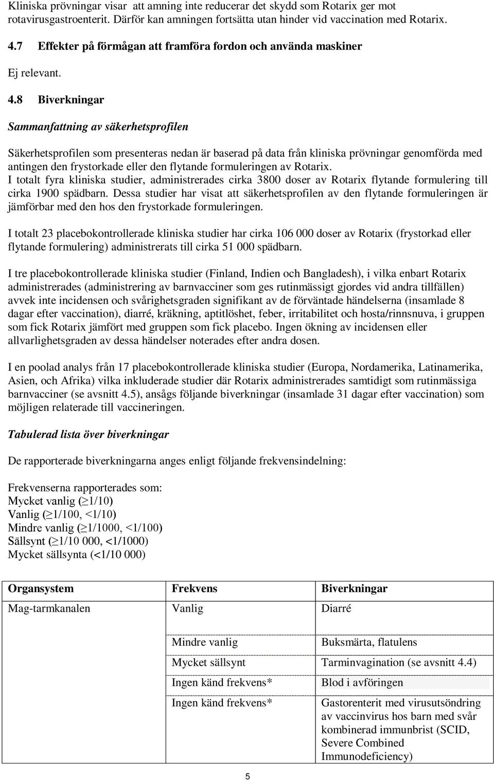 8 Biverkningar Sammanfattning av säkerhetsprofilen Säkerhetsprofilen som presenteras nedan är baserad på data från kliniska prövningar genomförda med antingen den frystorkade eller den flytande