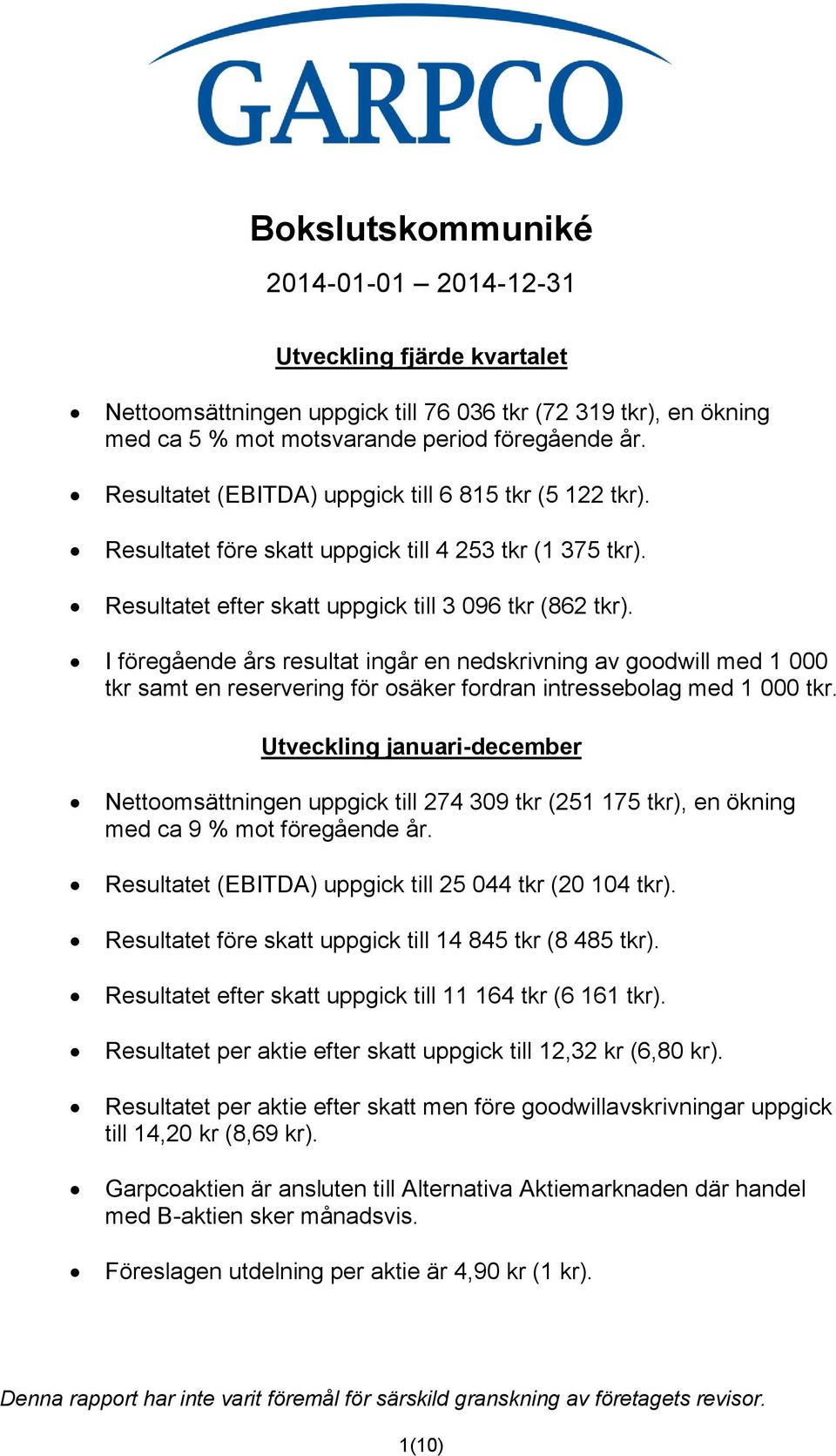 I föregående års resultat ingår en nedskrivning av goodwill med 1 000 tkr samt en reservering för osäker fordran intressebolag med 1 000 tkr.