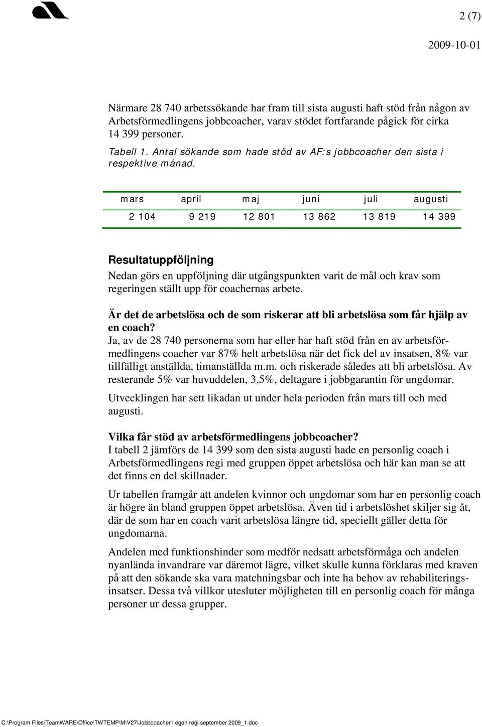 mars april maj juni juli augusti 2 104 9 219 12 801 13 862 13 819 14 399 Resultatuppföljning Nedan görs en uppföljning där utgångspunkten varit de mål och krav som regeringen ställt upp för