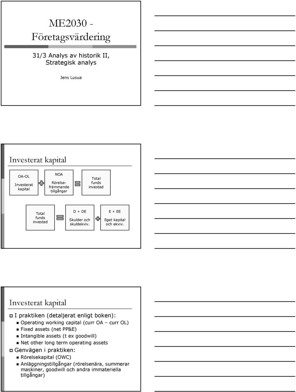 Investerat kapital I praktiken (detaljerat enligt boken): Operating working capital (curr OA curr OL) Fixed assets (net PP&E) Intangible assets (t ex