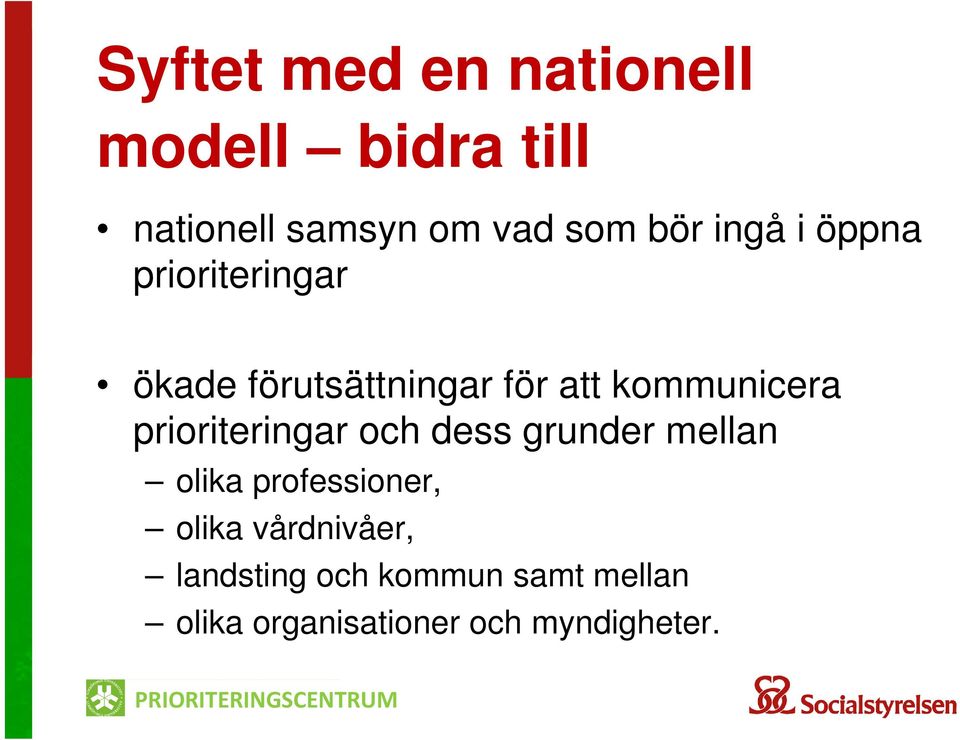 kommunicera prioriteringar och dess grunder mellan olika professioner,