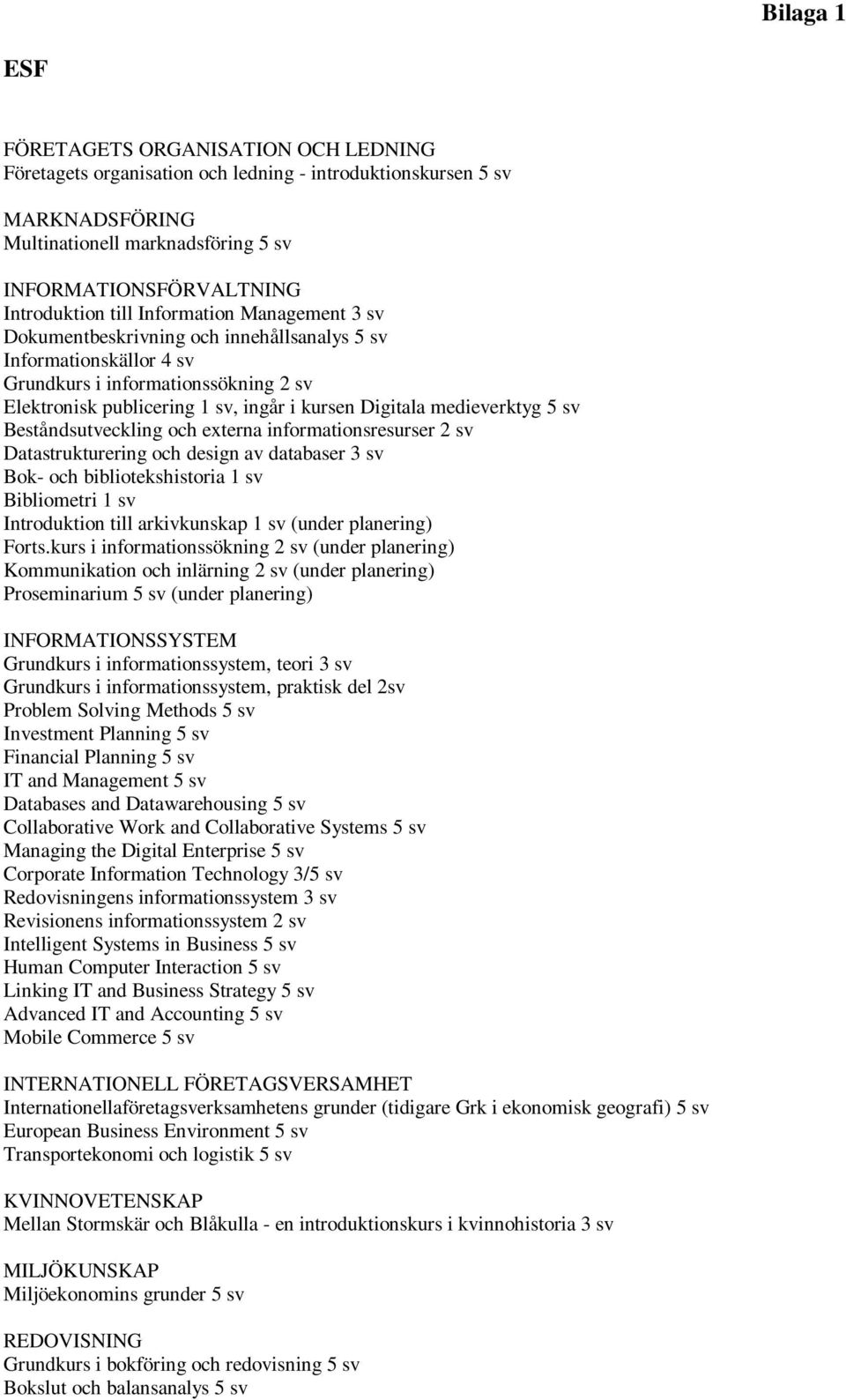 medieverktyg 5 sv Beståndsutveckling och externa informationsresurser 2 sv Datastrukturering och design av databaser 3 sv Bok- och bibliotekshistoria 1 sv Bibliometri 1 sv Introduktion till