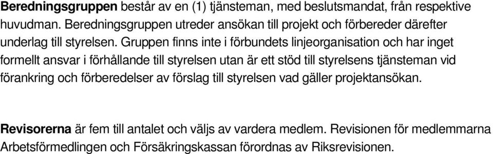 Gruppen finns inte i förbundets linjeorganisation och har inget formellt ansvar i förhållande till styrelsen utan är ett stöd till styrelsens