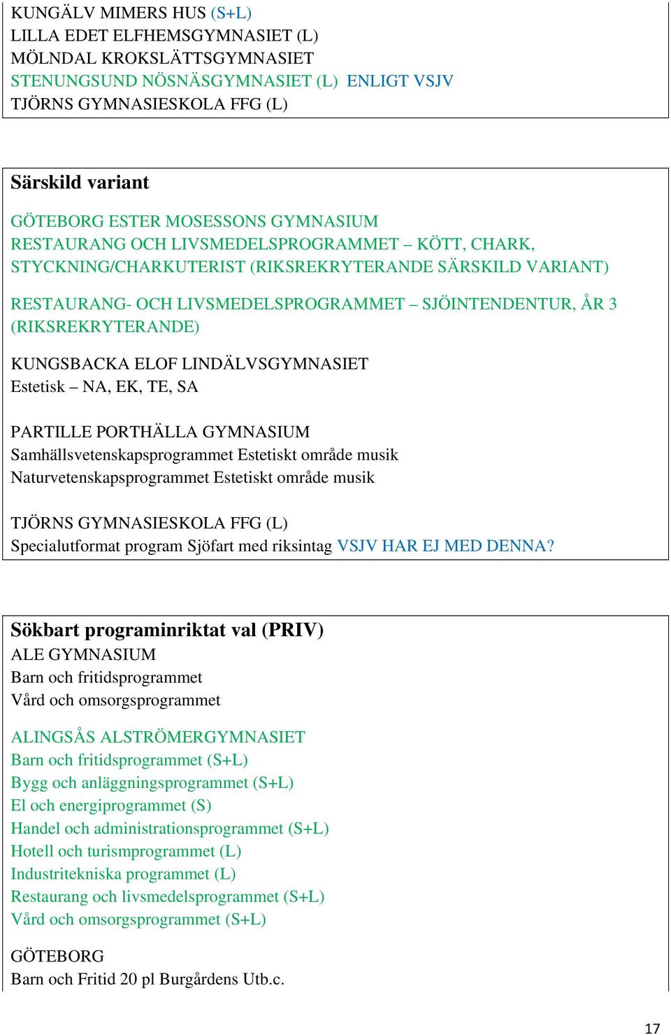 Naturvetenskapsprogrammet Estetiskt område musik Specialutformat program Sjöfart med riksintag VSJV HAR EJ MED DENNA?