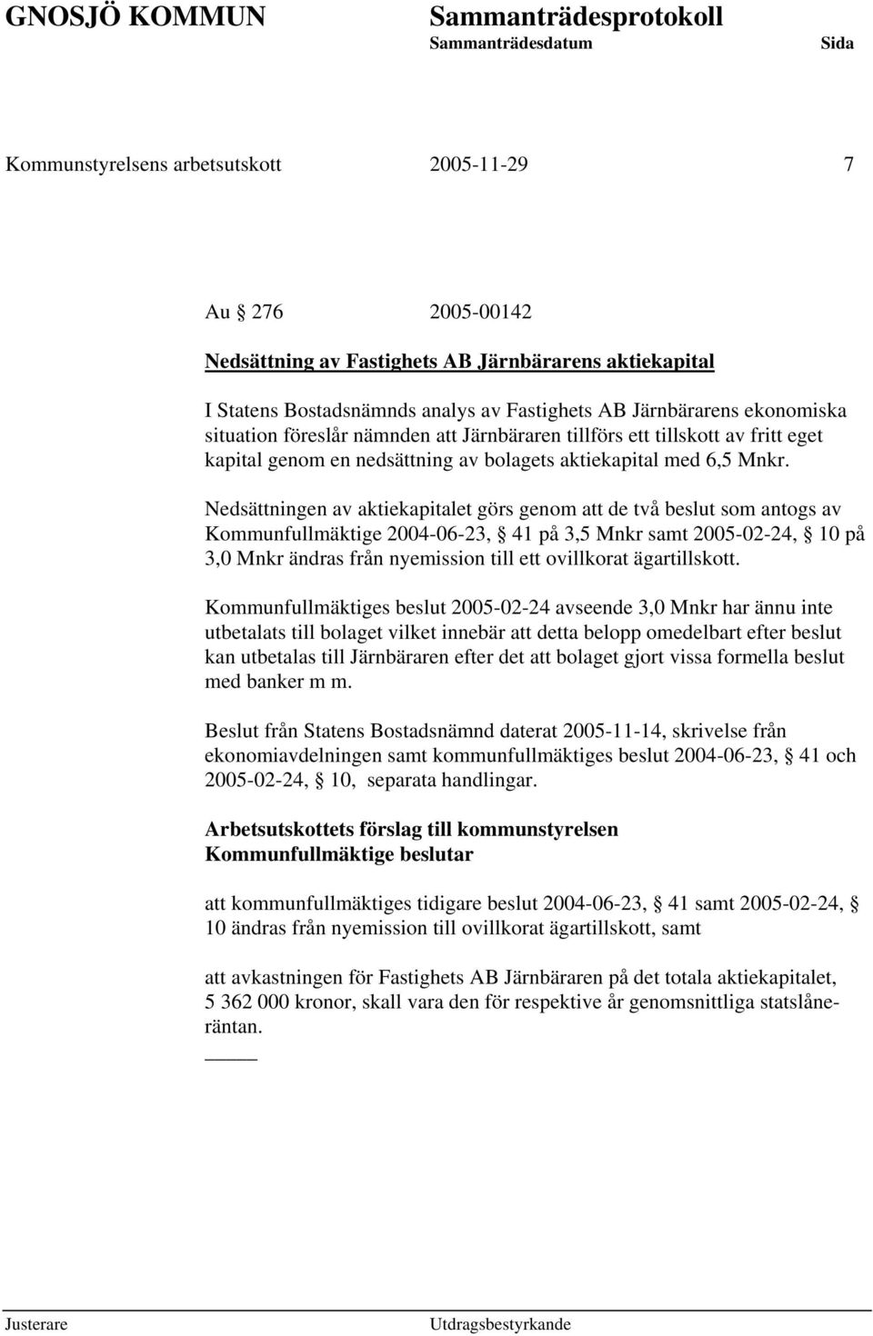 Nedsättningen av aktiekapitalet görs genom att de två beslut som antogs av Kommunfullmäktige 2004-06-23, 41 på 3,5 Mnkr samt 2005-02-24, 10 på 3,0 Mnkr ändras från nyemission till ett ovillkorat