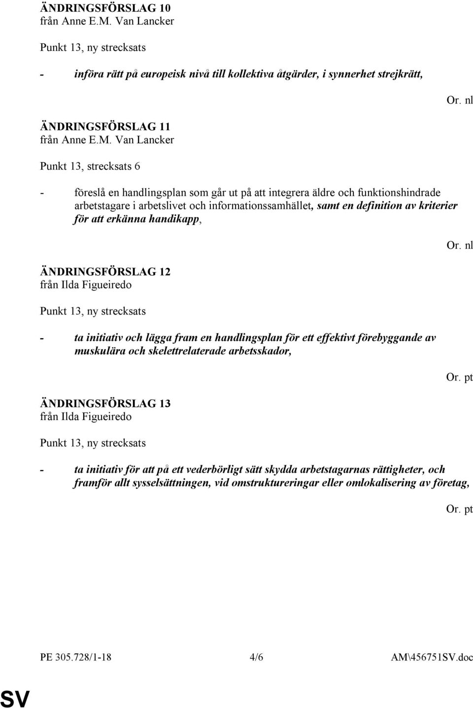 12 - ta initiativ och lägga fram en handlingsplan för ett effektivt förebyggande av muskulära och skelettrelaterade arbetsskador, ÄNDRINGSFÖRSLAG 13 - ta initiativ för att på