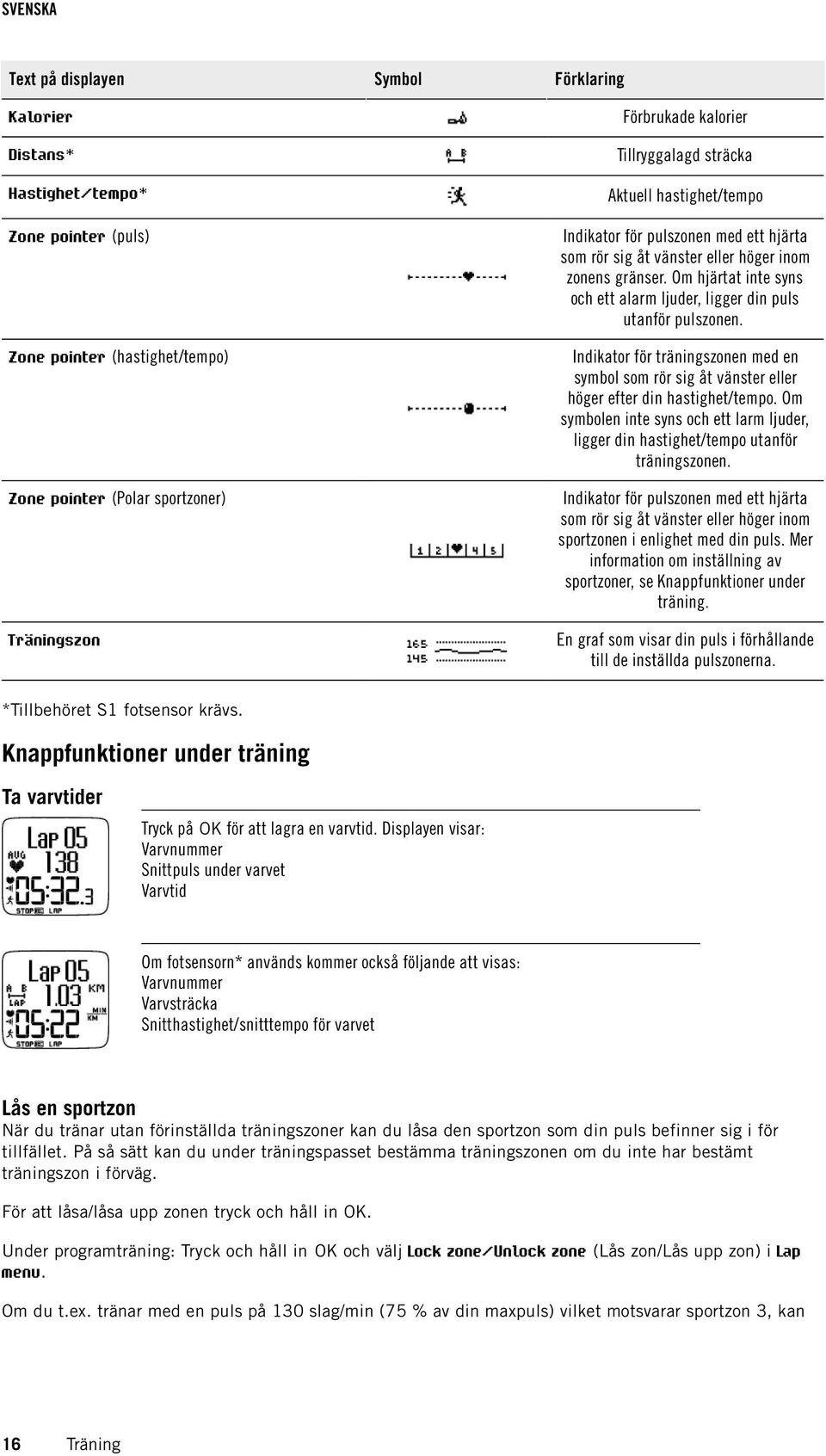 Zone pointer (hastighet/tempo) Indikator för träningszonen med en symbol som rör sig åt vänster eller höger efter din hastighet/tempo.